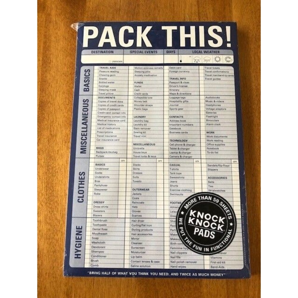 Knock Knock Pads PACK THIS! Paper Notepad Checklist Travel Vacation NEW